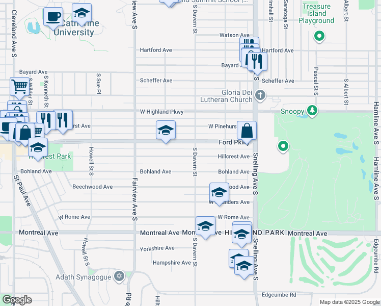 map of restaurants, bars, coffee shops, grocery stores, and more near 1707 Hillcrest Avenue in Saint Paul