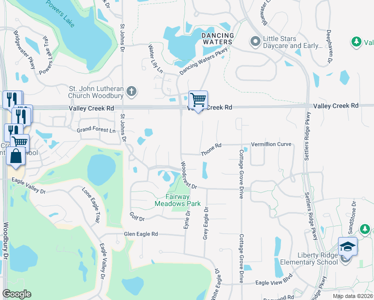 map of restaurants, bars, coffee shops, grocery stores, and more near 10784 Thone Road in Woodbury