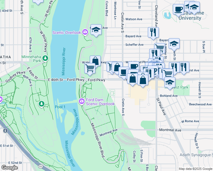 map of restaurants, bars, coffee shops, grocery stores, and more near in Saint Paul