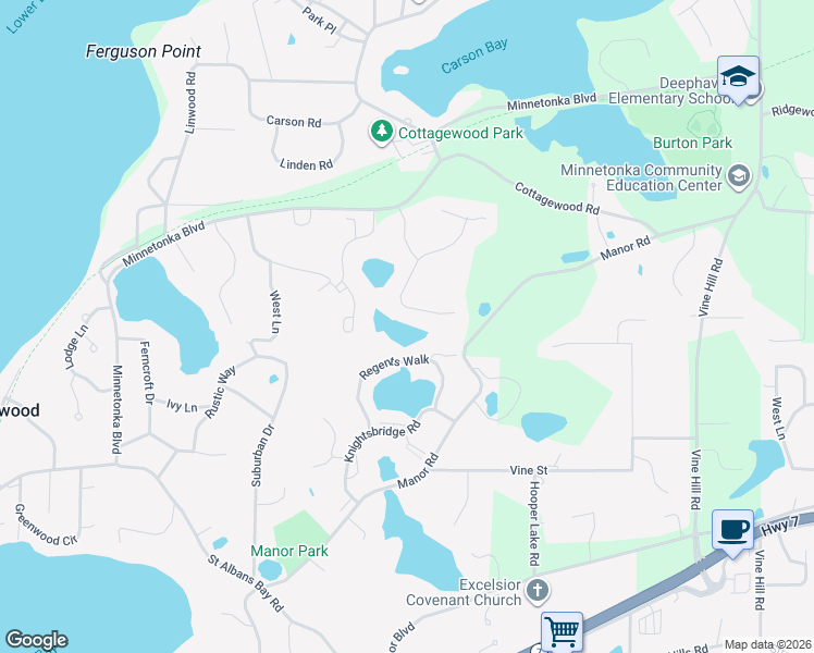map of restaurants, bars, coffee shops, grocery stores, and more near 4694 Old Kent Road in Excelsior