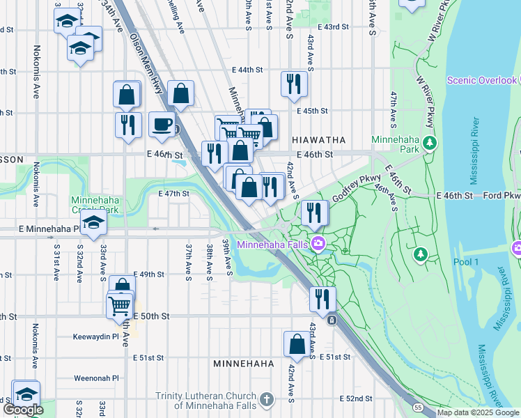map of restaurants, bars, coffee shops, grocery stores, and more near 4020 Nawadaha Boulevard in Minneapolis