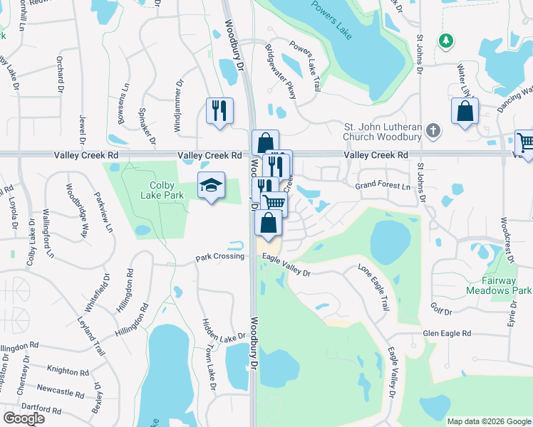 map of restaurants, bars, coffee shops, grocery stores, and more near 2170 Eagle Creek Lane in Woodbury