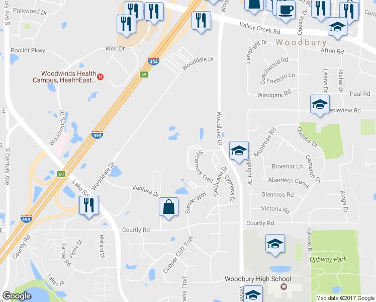 map of restaurants, bars, coffee shops, grocery stores, and more near 2178 Hemlock Boulevard in Woodbury