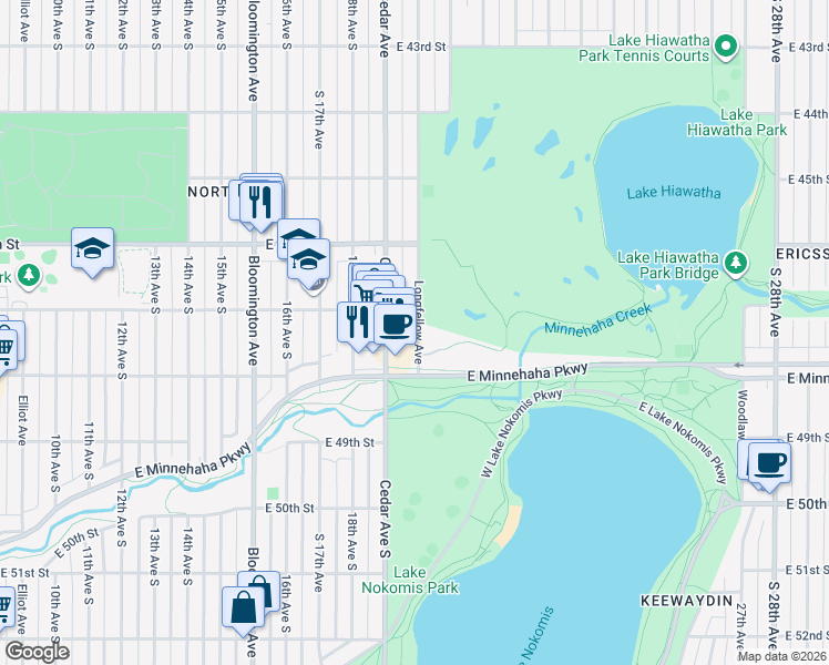 map of restaurants, bars, coffee shops, grocery stores, and more near 15 Longfellow Avenue in Minneapolis