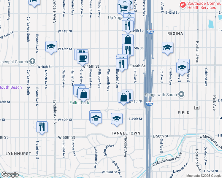 map of restaurants, bars, coffee shops, grocery stores, and more near 123 Wentworth Avenue in Minneapolis