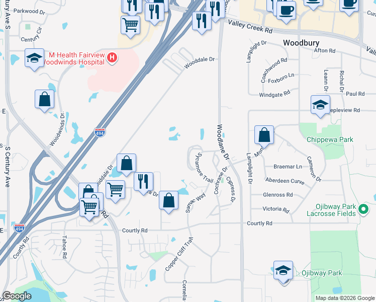 map of restaurants, bars, coffee shops, grocery stores, and more near 2178 Hemlock Boulevard in Woodbury