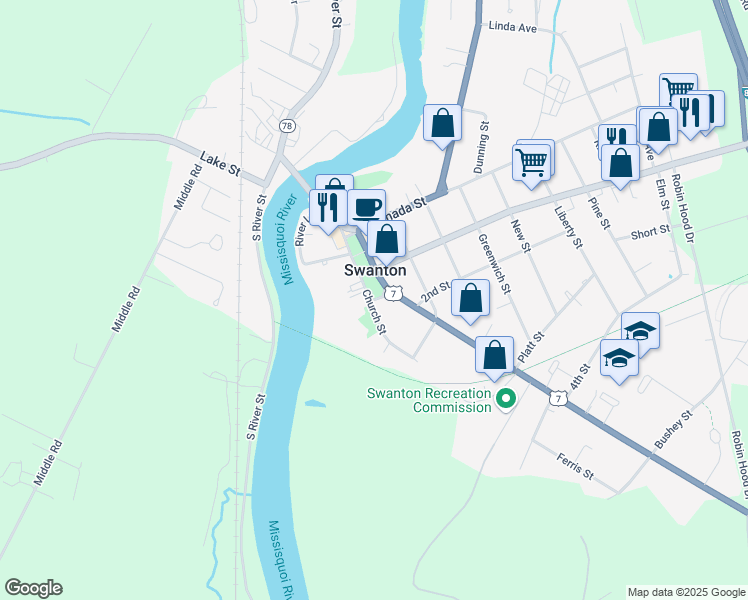 map of restaurants, bars, coffee shops, grocery stores, and more near 42 Academy Street in Swanton
