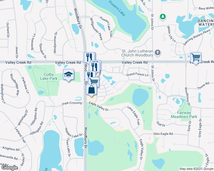 map of restaurants, bars, coffee shops, grocery stores, and more near 2253 Eagle Trace Lane in Woodbury