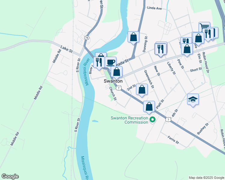 map of restaurants, bars, coffee shops, grocery stores, and more near 42 Academy Street in Swanton