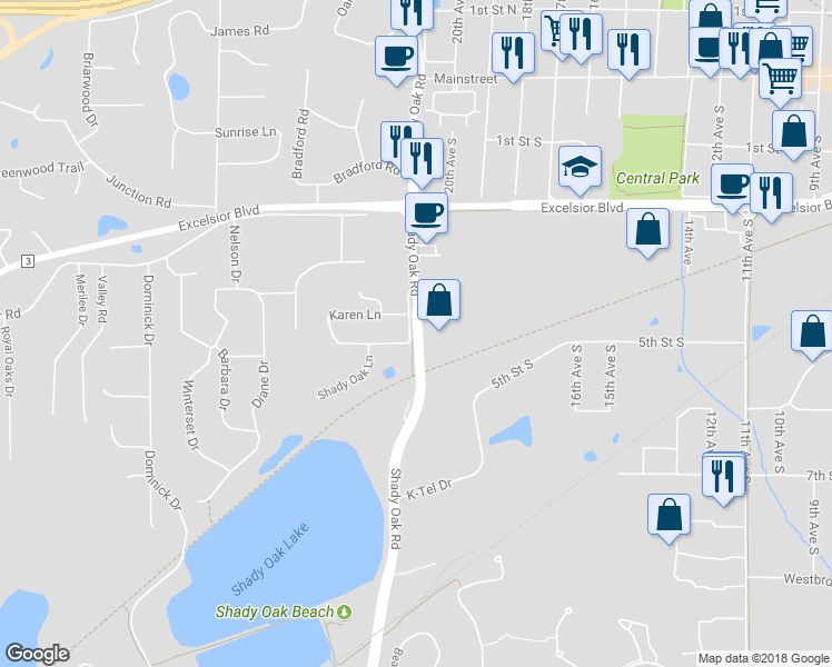 map of restaurants, bars, coffee shops, grocery stores, and more near 4782 Shady Oak Road in Hopkins