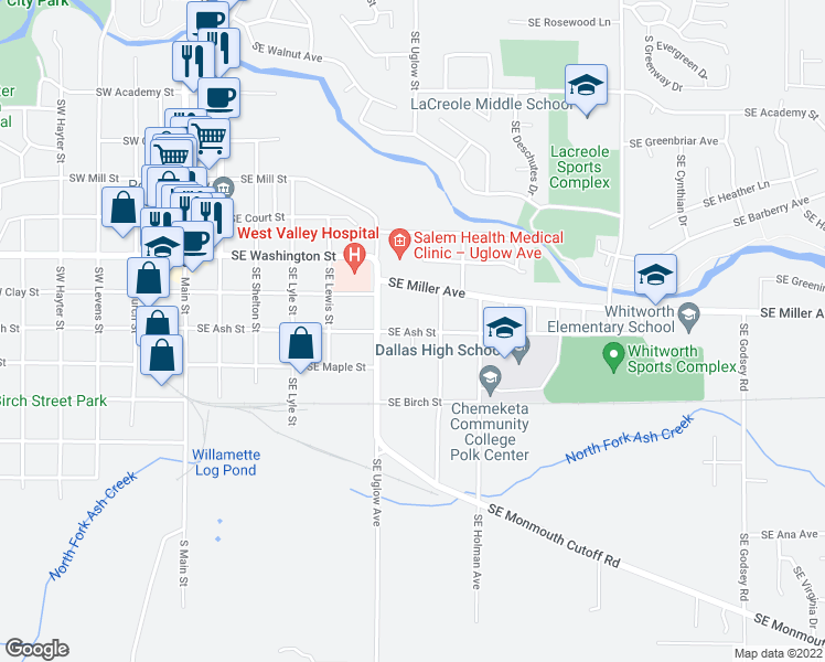 map of restaurants, bars, coffee shops, grocery stores, and more near Southeast Ash Street in Dallas