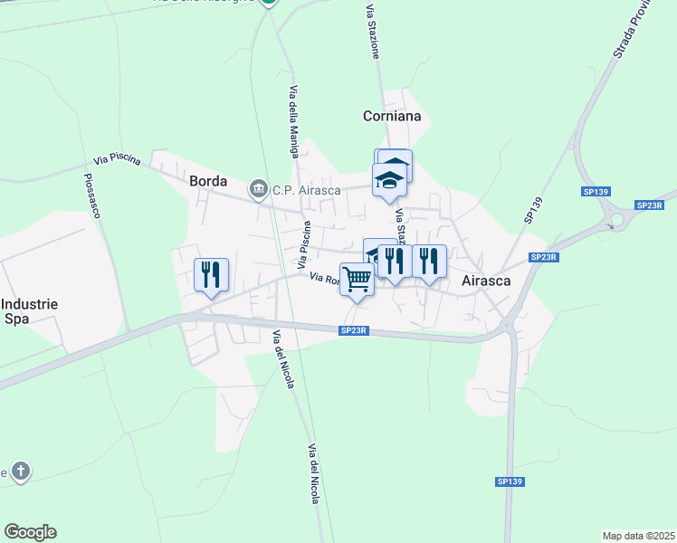 map of restaurants, bars, coffee shops, grocery stores, and more near 166 Via Roma in Airasca