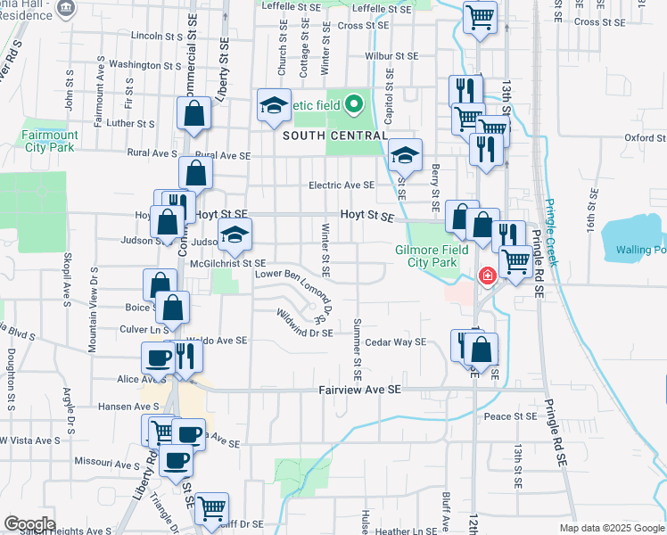 map of restaurants, bars, coffee shops, grocery stores, and more near 830 Kumler Street Southeast in Salem