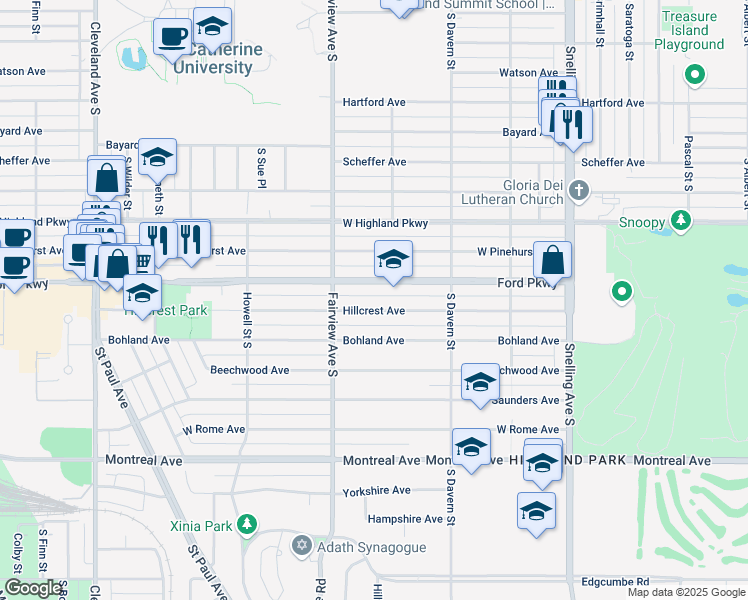 map of restaurants, bars, coffee shops, grocery stores, and more near 1781 Hillcrest Avenue in Saint Paul