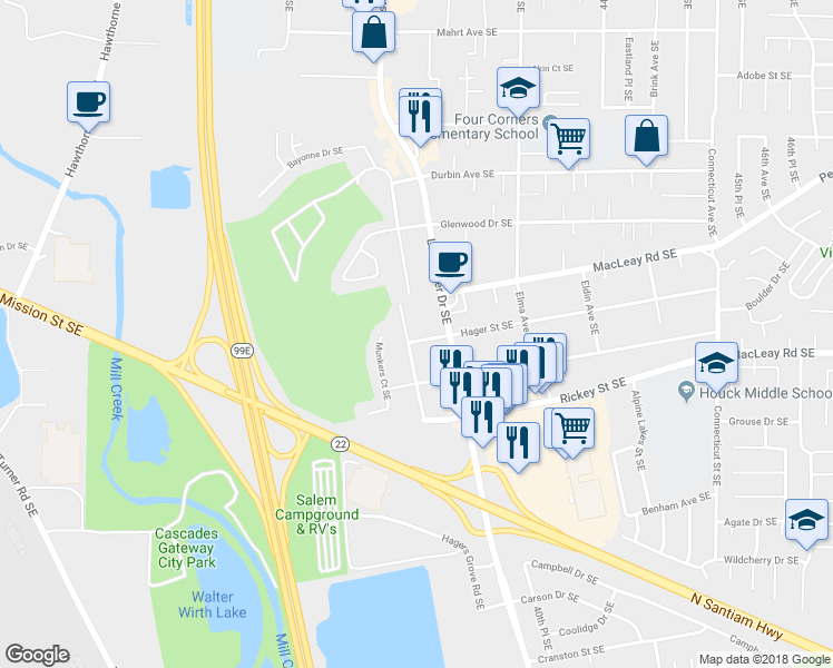 map of restaurants, bars, coffee shops, grocery stores, and more near 894 Meadowlawn Drive Southeast in Salem