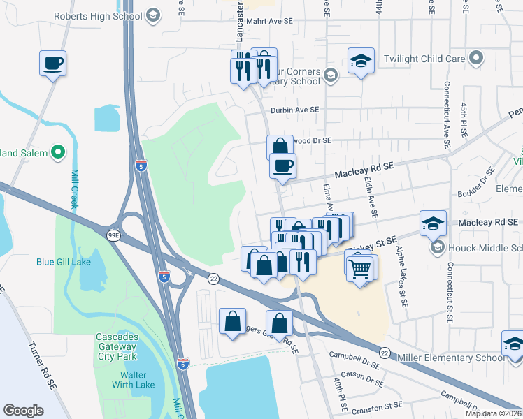 map of restaurants, bars, coffee shops, grocery stores, and more near 894 Meadowlawn Drive Southeast in Salem