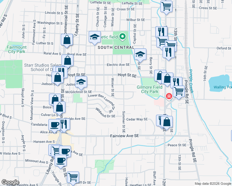 map of restaurants, bars, coffee shops, grocery stores, and more near 830 Kumler Street Southeast in Salem