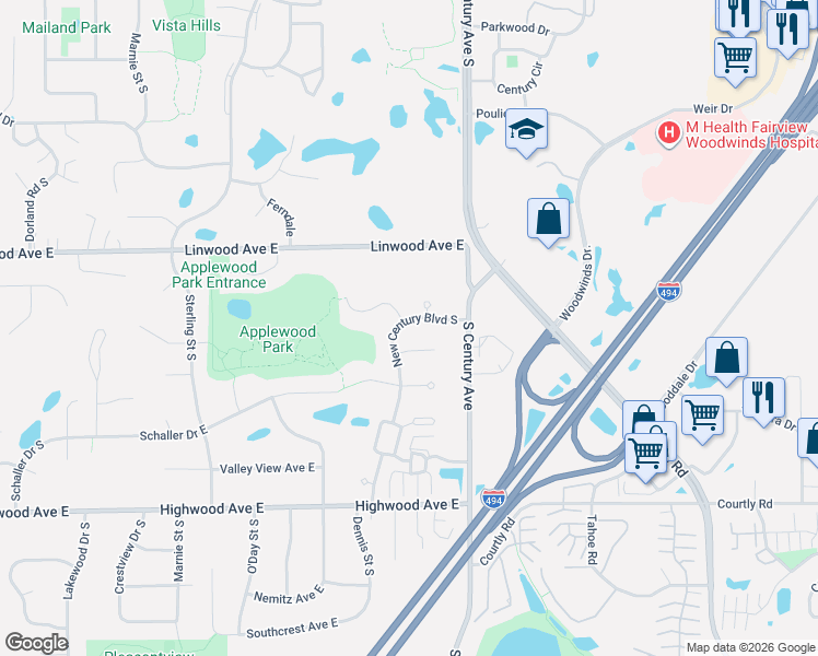 map of restaurants, bars, coffee shops, grocery stores, and more near 774 New Century Boulevard in Maplewood