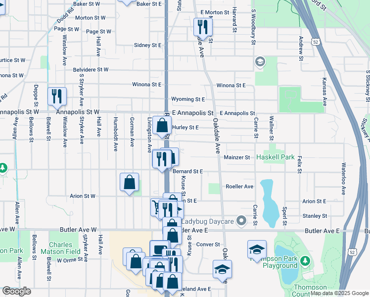 map of restaurants, bars, coffee shops, grocery stores, and more near 140 Haskell Street East in Saint Paul