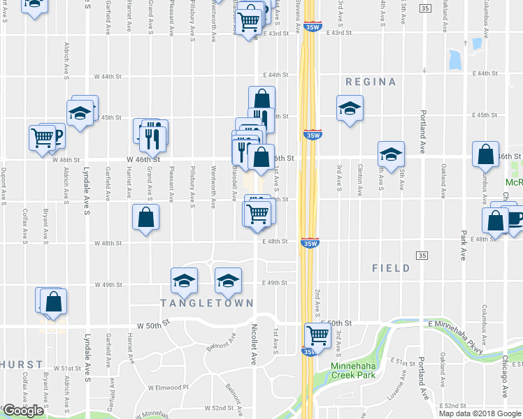 map of restaurants, bars, coffee shops, grocery stores, and more near 4711 Nicollet Avenue in Minneapolis