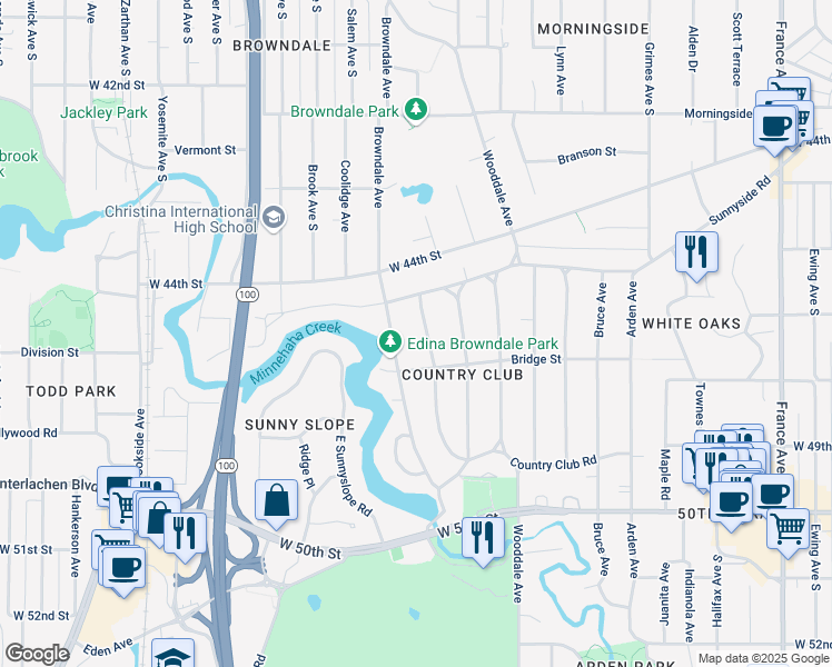 map of restaurants, bars, coffee shops, grocery stores, and more near 4508 Moorland Avenue in Minneapolis