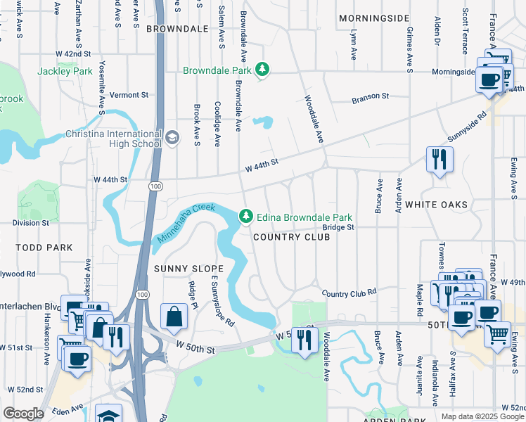 map of restaurants, bars, coffee shops, grocery stores, and more near 4508 Moorland Avenue in Minneapolis
