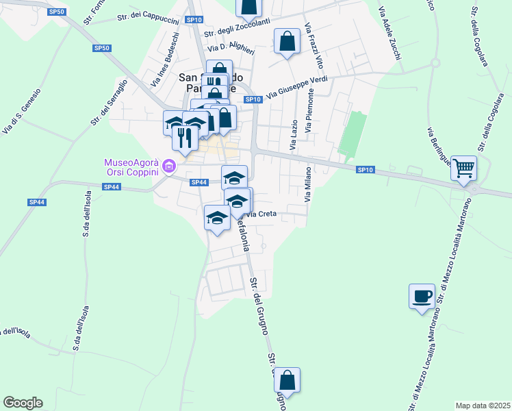 map of restaurants, bars, coffee shops, grocery stores, and more near 12 Via Corfù in San Secondo Parmense