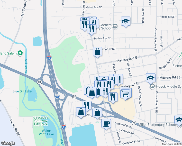 map of restaurants, bars, coffee shops, grocery stores, and more near 894 Meadowlawn Drive Southeast in Salem