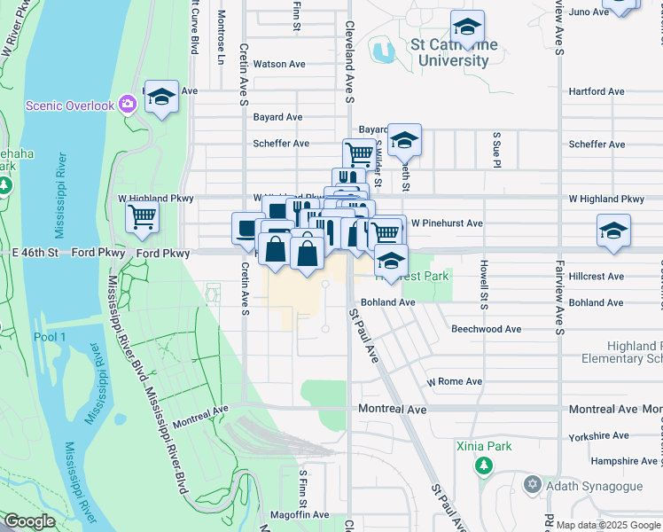 map of restaurants, bars, coffee shops, grocery stores, and more near 2100 Ford Parkway in Saint Paul
