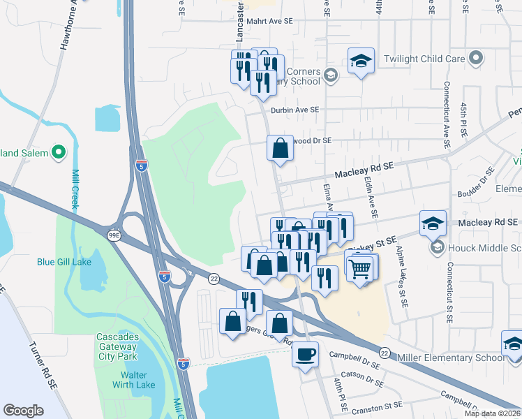 map of restaurants, bars, coffee shops, grocery stores, and more near 894 Meadowlawn Drive Southeast in Salem