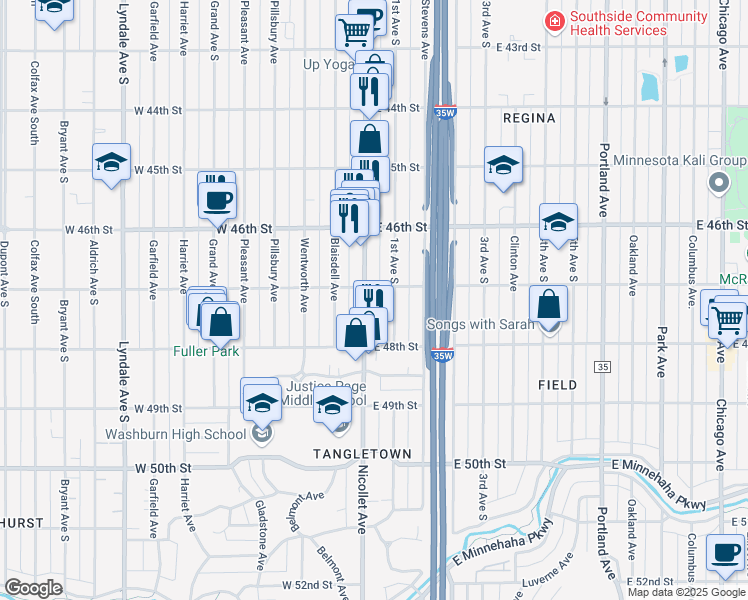 map of restaurants, bars, coffee shops, grocery stores, and more near 4711 Nicollet Avenue in Minneapolis