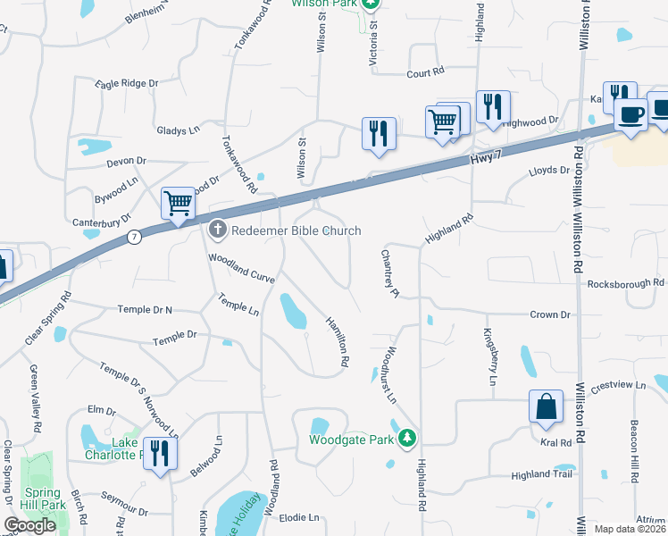 map of restaurants, bars, coffee shops, grocery stores, and more near 4719 Fairhills Road West in Minnetonka