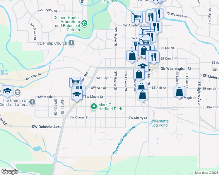 map of restaurants, bars, coffee shops, grocery stores, and more near 460 SW Ash St in Dallas