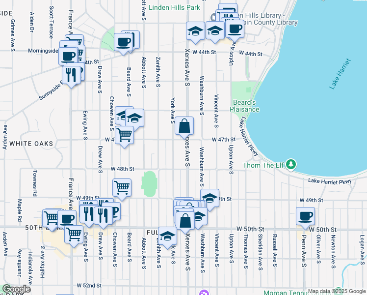 map of restaurants, bars, coffee shops, grocery stores, and more near 4712 Xerxes Avenue South in Minneapolis