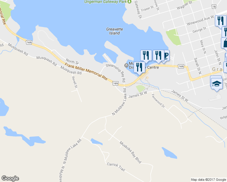 map of restaurants, bars, coffee shops, grocery stores, and more near 110 Blueberry Lane in Gravenhurst