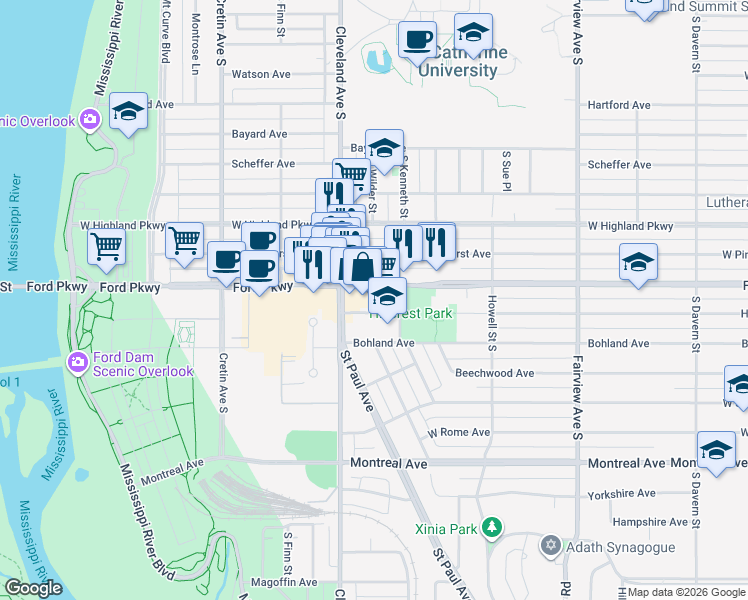 map of restaurants, bars, coffee shops, grocery stores, and more near 2022a Ford Parkway in Saint Paul