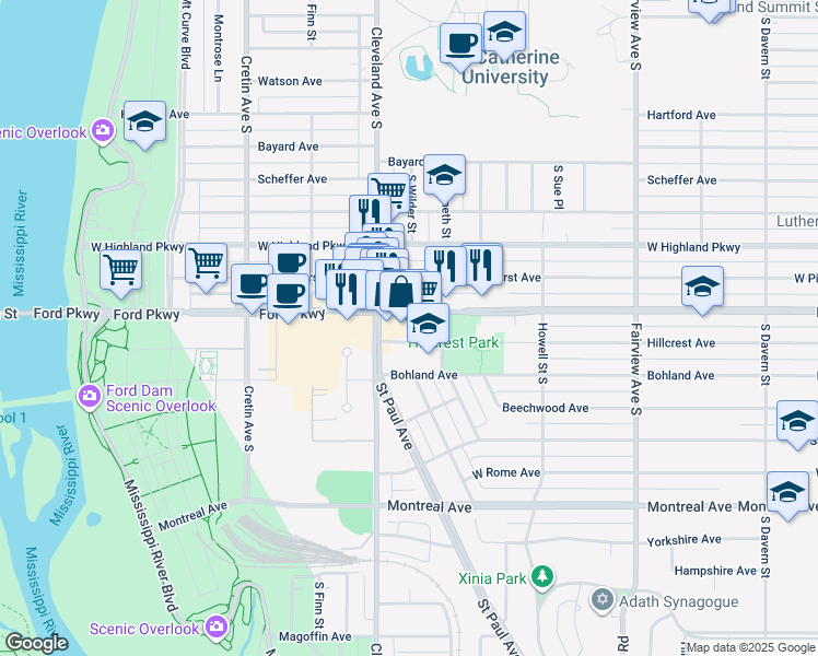 map of restaurants, bars, coffee shops, grocery stores, and more near 2022A Ford Parkway in Saint Paul