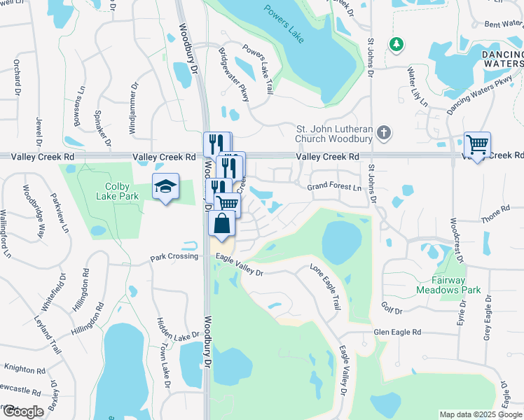map of restaurants, bars, coffee shops, grocery stores, and more near 2253 Eagle Trace Lane in Woodbury