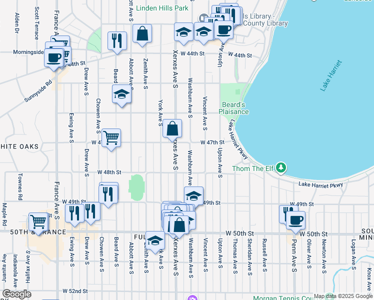 map of restaurants, bars, coffee shops, grocery stores, and more near 4712 Washburn Avenue South in Minneapolis