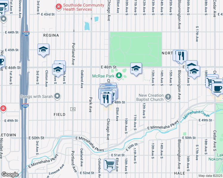 map of restaurants, bars, coffee shops, grocery stores, and more near 4709 Chicago Avenue in Minneapolis