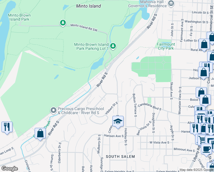 map of restaurants, bars, coffee shops, grocery stores, and more near 1125 Schurman Drive South in Salem