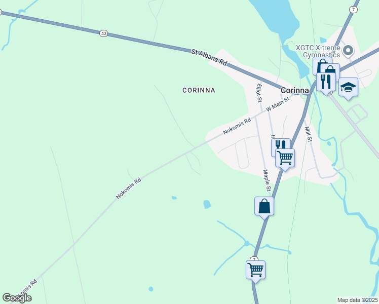 map of restaurants, bars, coffee shops, grocery stores, and more near 39 Nokomis Road in Corinna
