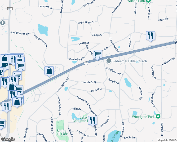 map of restaurants, bars, coffee shops, grocery stores, and more near 4850 Spring Circle in Minnetonka