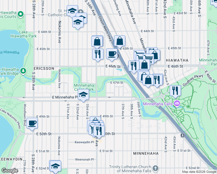 map of restaurants, bars, coffee shops, grocery stores, and more near 4712 36th Avenue South in Minneapolis