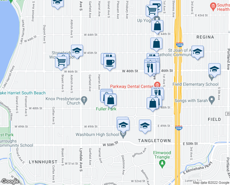 map of restaurants, bars, coffee shops, grocery stores, and more near 4704 Pleasant Avenue in Minneapolis