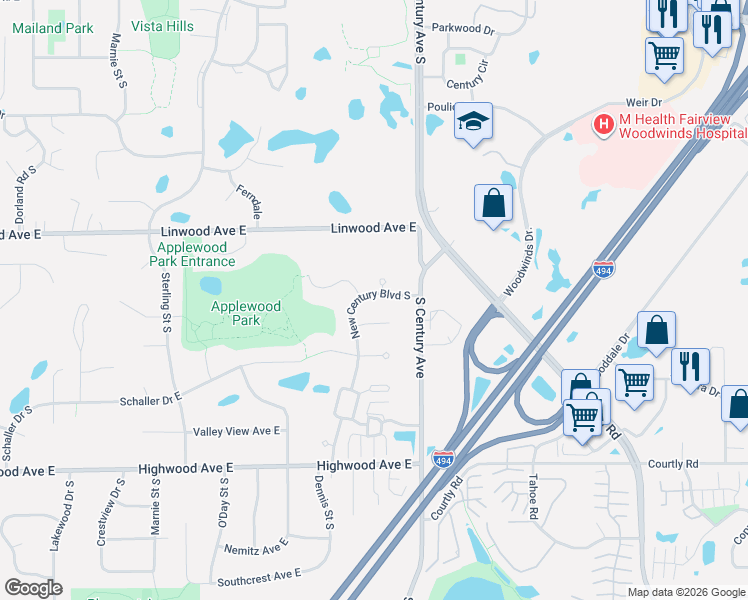 map of restaurants, bars, coffee shops, grocery stores, and more near 774 New Century Boulevard in Maplewood