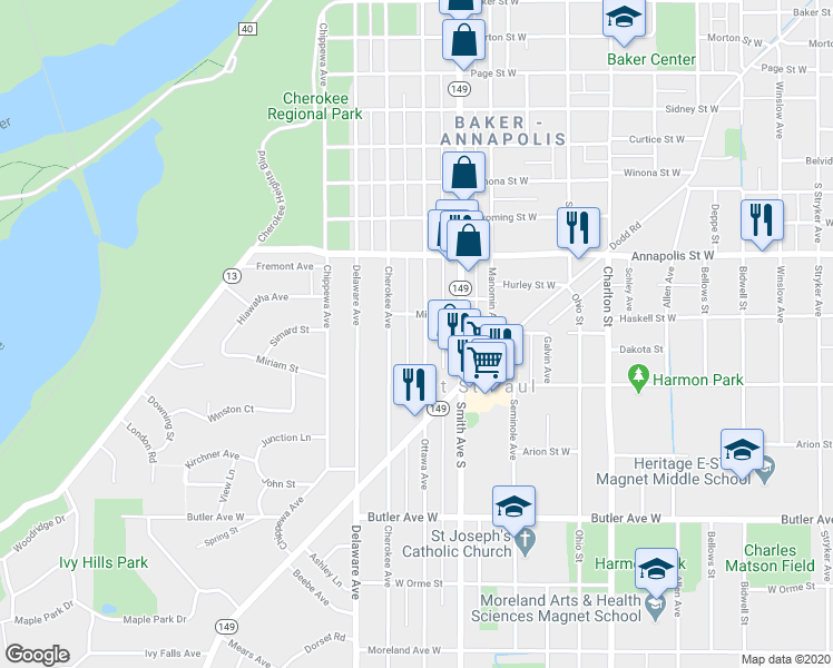 map of restaurants, bars, coffee shops, grocery stores, and more near 955 Ottawa Avenue in Saint Paul