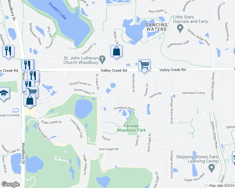 map of restaurants, bars, coffee shops, grocery stores, and more near 10623 Pond Curve in Woodbury