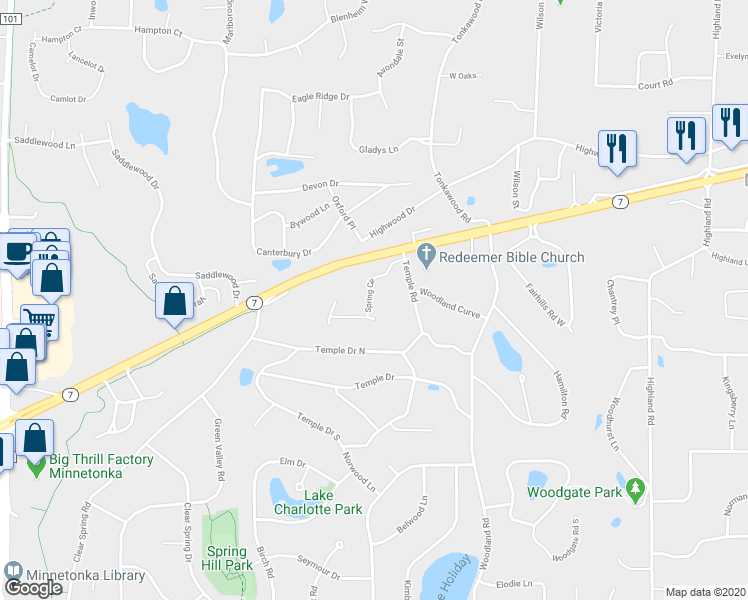 map of restaurants, bars, coffee shops, grocery stores, and more near 4721 Spring Circle in Minnetonka