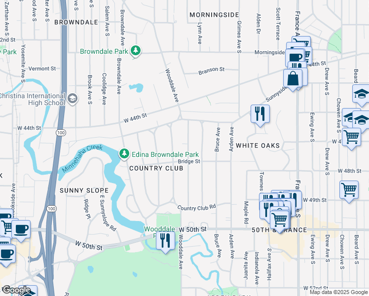 map of restaurants, bars, coffee shops, grocery stores, and more near 4518 Drexel Avenue in Minneapolis
